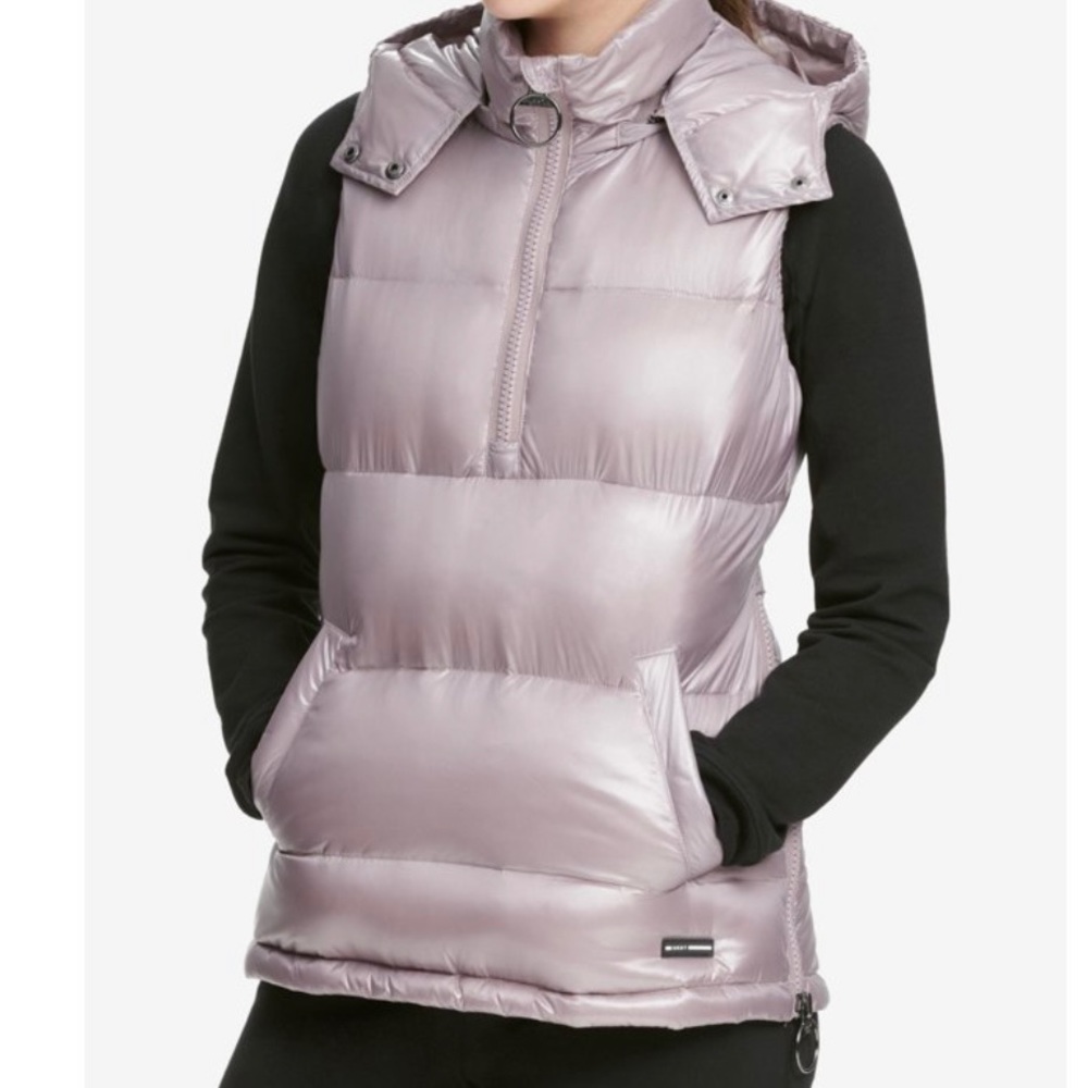 DKNY Sport quarter-zip hooded puffer vest w/ fleeced kangaroo pocket